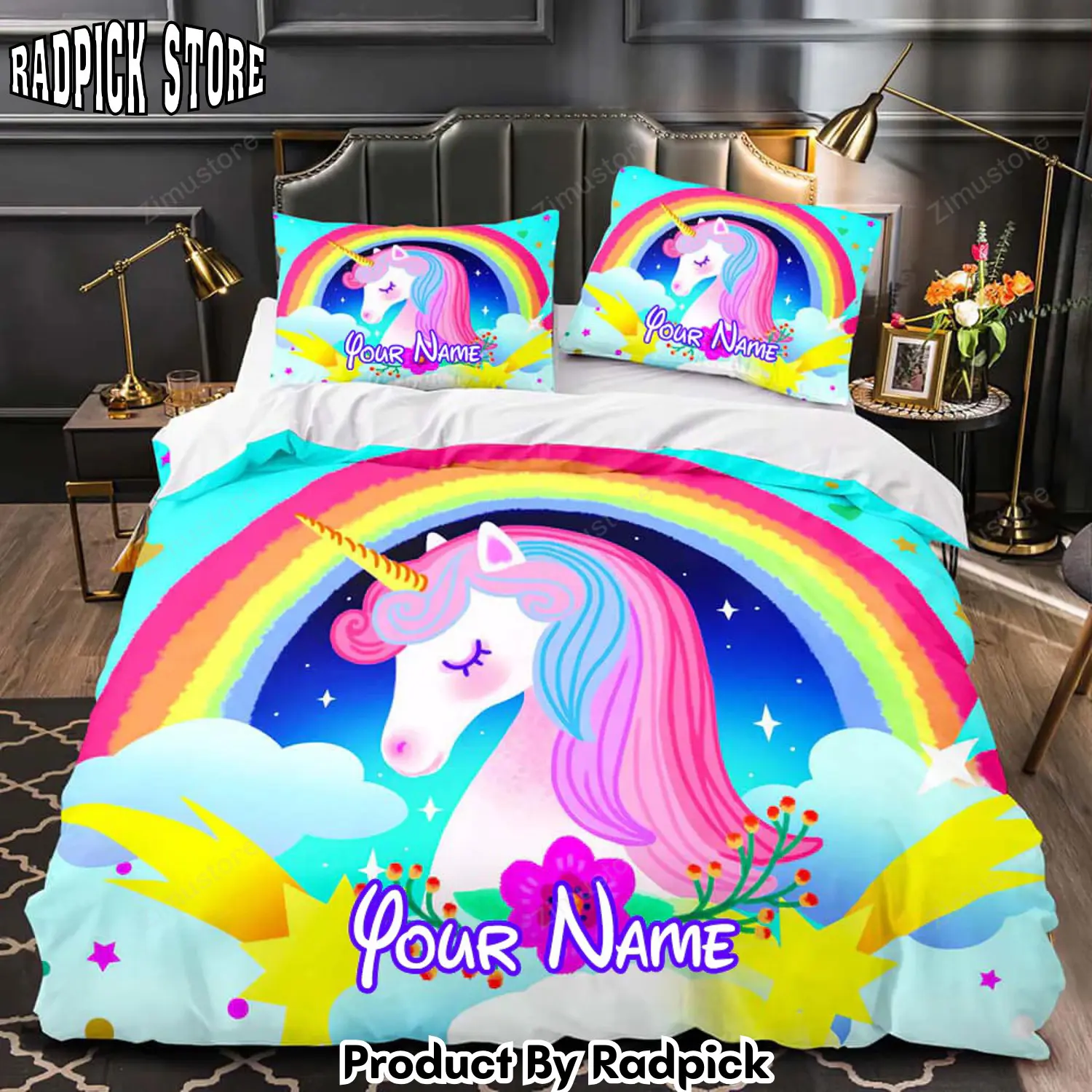 Radpick unicorn personalized name personalized name bedding set duvet cover personalized name bedding sets for kids gift8103 rp327590
